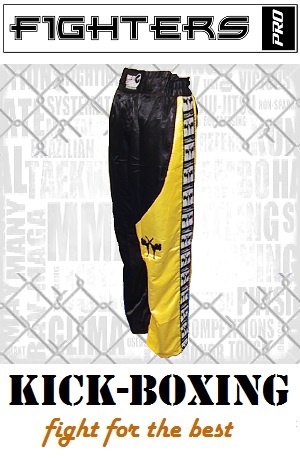 FIGHTERS - Pantaloni da Kickboxing / Raso / Nero-Giallo / XS